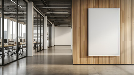 A modern office interior featuring a large framed poster on a wooden wall, with expansive windows and desks. Generative AI