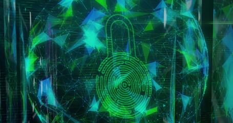 Digital lock glowing in center of abstract network
