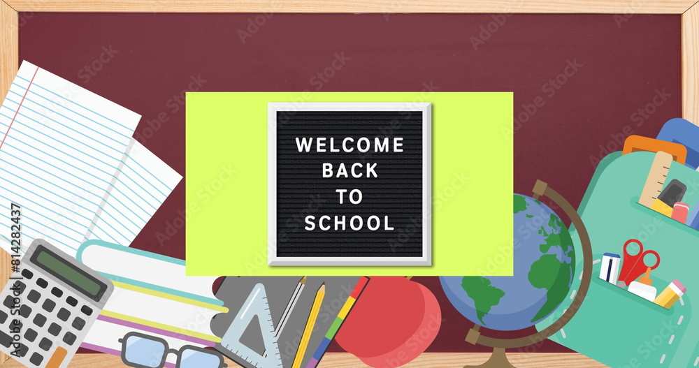 Poster Image of welcome back to school text over school items icons