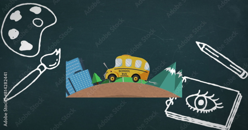 Poster digital image of multiple art concept icons over school bus icon against blue background