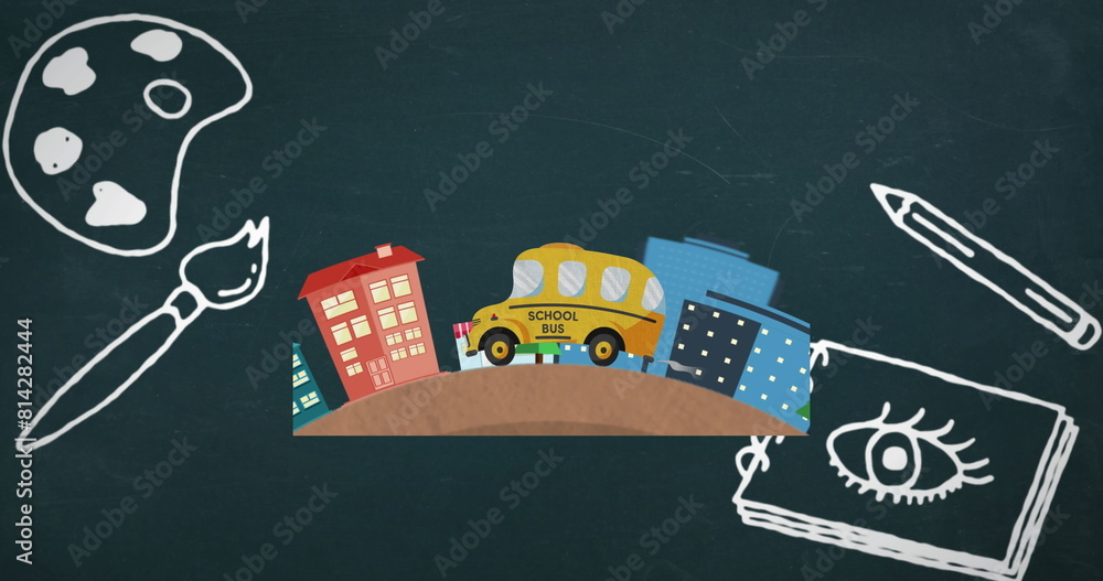 Poster digital image of multiple art concept icons over school bus icon against blue background