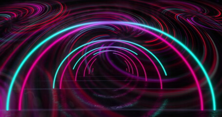 Fototapeta premium Image of pink and blue neon arch and swirls moving on black background