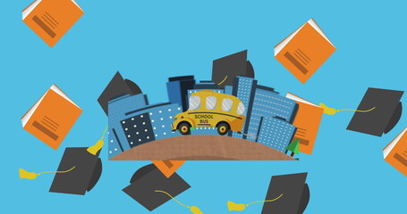 Graduation hat and book icons falling over school bus icon against blue background