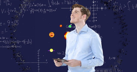 Image of businessman over equations and solar system