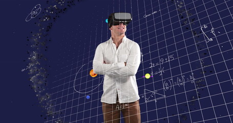 Obraz premium Image of businessman wearing vr headset over equations and solar system