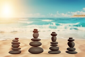 Balanced rock on sea beach at sunny day