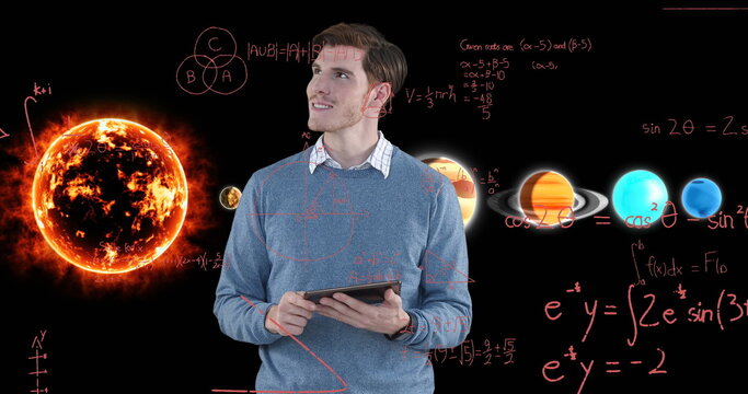Image of businessman using tablet over equations and solar system