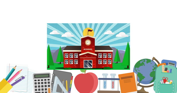 Digital image of school building icon against multiple school concept icons on white background