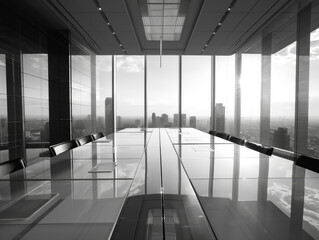 A modern conference room with a long table, chairs, and panoramic city views, photographed in grayscale, symbolizing corporate success. Generative AI - Powered by Adobe