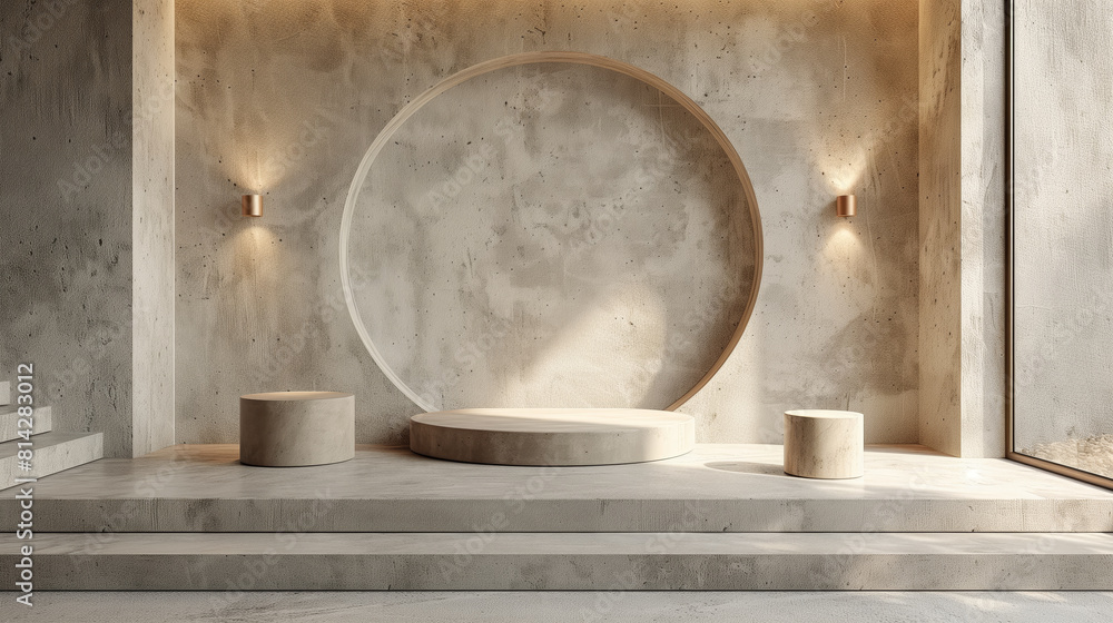 Poster an elegant product display with a circular backdrop on a concrete podium, featuring warm light and a