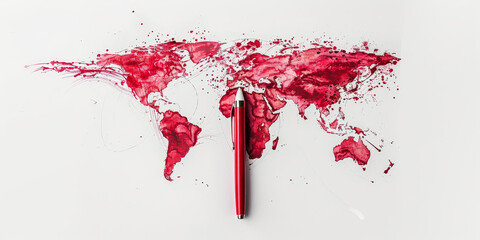 Abstract red ink world map with pink pen - A creative and striking image of a world map made of splashing red ink with a pink pen laying across it