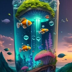 Mystical Shin: Realistic Tattoo of Clownfish Amidst Neon Fantasy