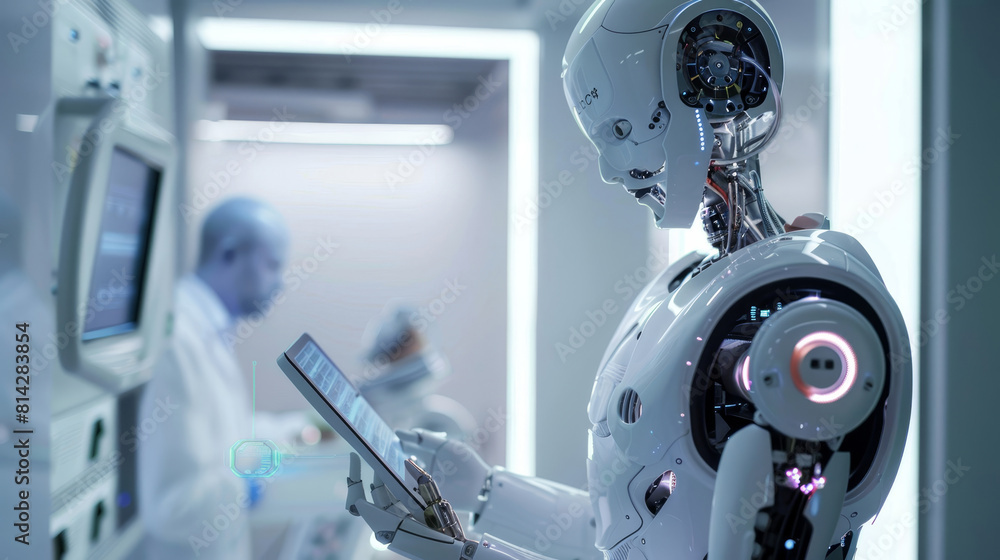 Poster human-like robot holding a tablet in lab - a futuristic concept of a human-like robot with intricate
