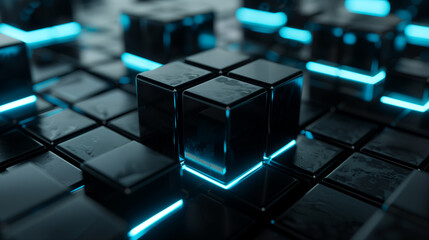 abstract background black cubes with light blue glowing edges, 3d wallpaper, business background 