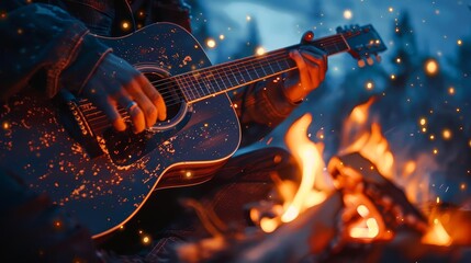 A guitarist strumming an acoustic guitar by a campfire under the stars