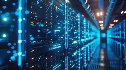 A hightech server room with rows of servers emitting blue lights, with cables and digital displays