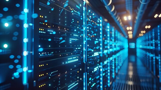 A hightech server room with rows of servers emitting blue lights, with cables and digital displays