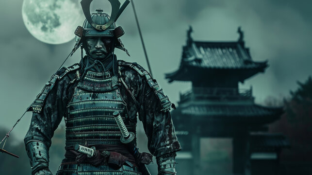 Samurai warrior in traditional armor at night - A stoic samurai in authentic armor standing under a full moon, giving off a sense of ancient warrior culture and tradition