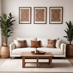 
Rustic coffee table near white sofa with brown pillows against wall with two poster frames. Boho ethnic home interior design of modern living room.


