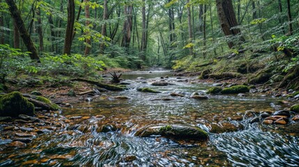 Obraz premium Stream in the green forest. Beautiful summer landscape with a mountain river