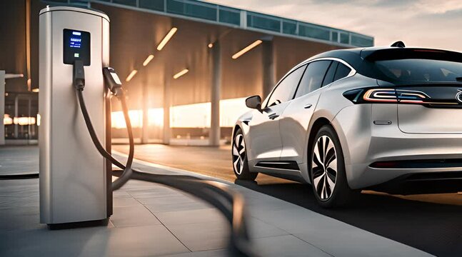 Une voiture &eacute;lectrique en charge dans un terminal