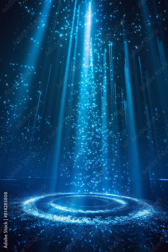 Poster mystical blue lights and particles in dark - an ethereal display of blue light beams and floating pa
