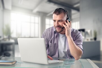 Call center worker talking for contact support