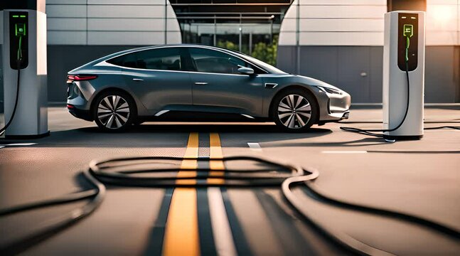 voiture &eacute;lectrique en train de recharger &agrave; une borne, c&acirc;ble de recharge connecter