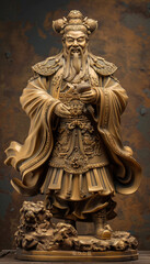 Powerful Chinese god statue with robust design - Dramatic image of a Chinese god statue in ornate armor, reflecting power and historical significance in a rustic setting