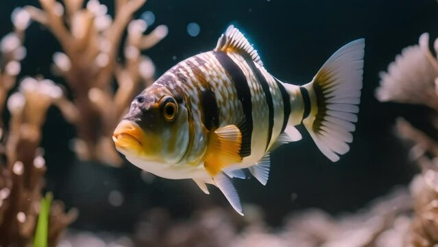 Colorful ornamental sea fish swimming energetically, aquarium, deep sea fish, beautiful, footage, 4k footage, videos, short video. animation, slow motion