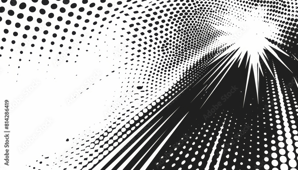 Poster explosive halftone dot pattern black and white - image captures a dynamic explosion effect, with hal