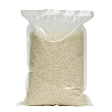 2 Kg rice packaging mockup. Plastic rice in a bag. Transparent bag of white rice. Cropped premium rice packaging mockup. 