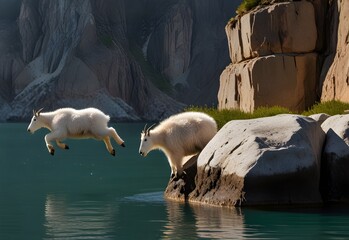 mountain goats jumping between floating islands, generative AI