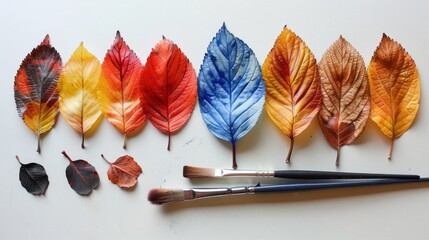 Leaves painted in various colors, accompanied by a brush.