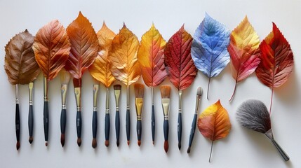 A brush beside leaves in different colors.