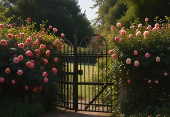 secret garden gate covered in roses, generative AI