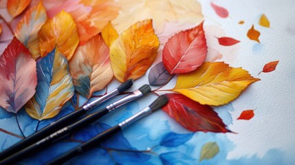 Leaves displaying different colors, with a brush nearby.