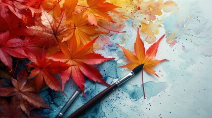 A brush placed alongside leaves in different colors.