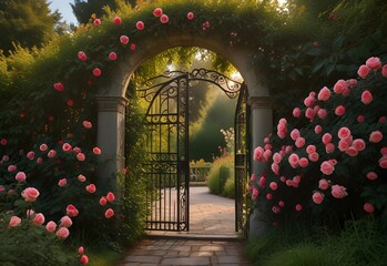 secret garden gate covered in roses, generative AI