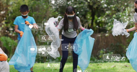 Image of social media icons and numbers over asian family cleaning outside