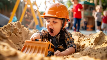 A toddler wearing an oversized hard hat and plaid shirt plays in a sandbox with a toy bulldozer. AI.