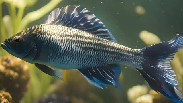 Colorful ornamental sea fish swimming energetically, aquarium, deep sea fish, beautiful, footage, 4k footage, videos, short video. animation, slow motion