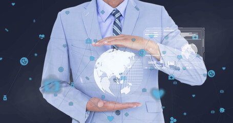 Image of data processing over caucasian businesswoman with globe