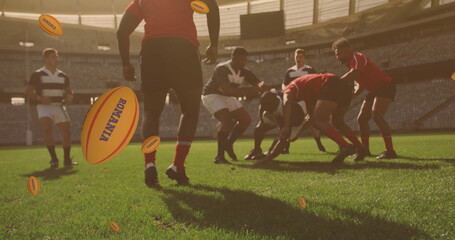 Image of rugby balls with romania text over diverse male rugby players at stadium