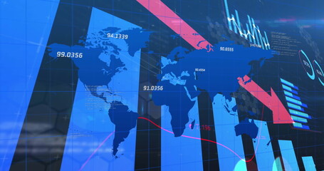 Image of financial data processing and world map over black background