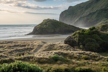 Two people walking over tussock grass and sandunes on Anawhata beach, west coast of Auckland, New Zealand.