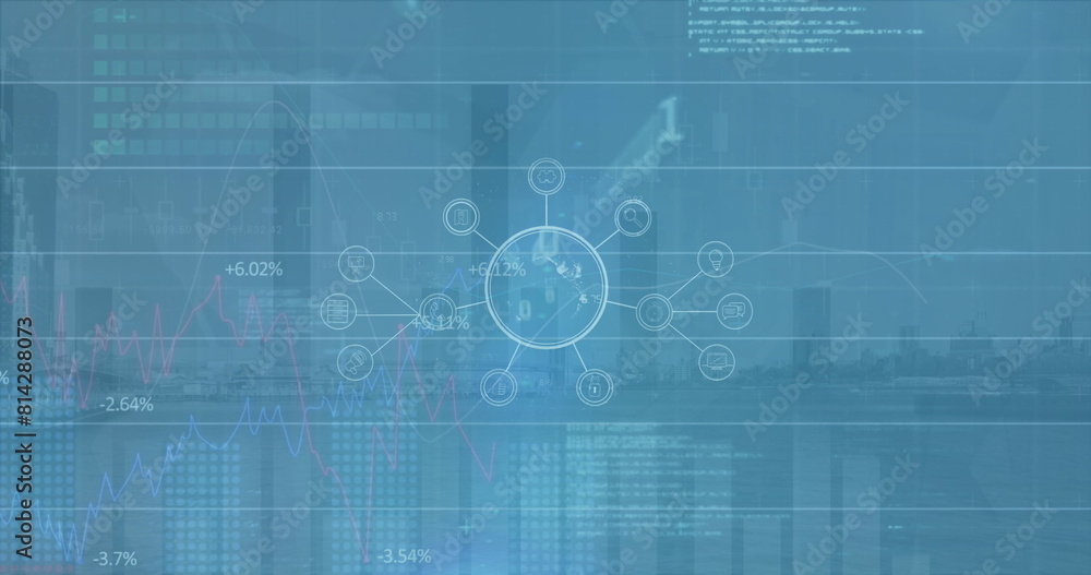 Poster image of financial graphs and data over navy digital screen with globe and cityscape