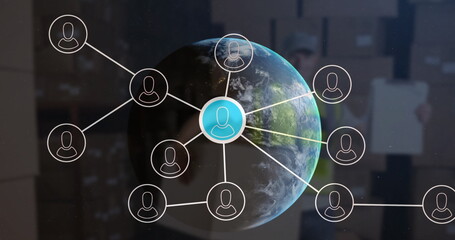 Image of connections and globe over blurred caucasian male courier