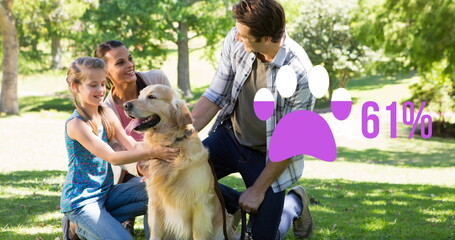 Image of paw icon with percentage over happy caucasian family with dog