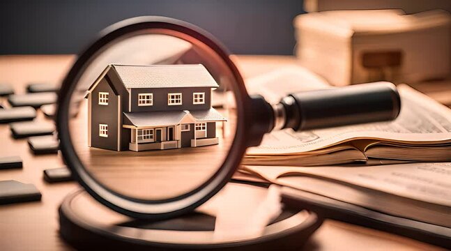 Concept de recherche de maison avec loupe. Choix d'un bien immobilier &agrave; acheter et &agrave; investir